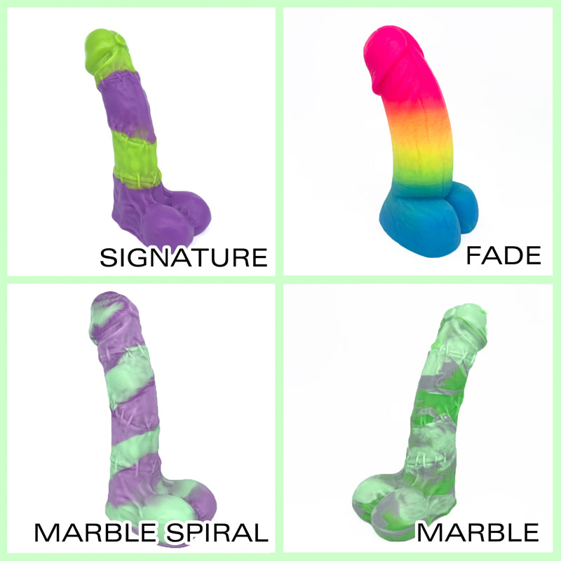 4 panels showing 4 different types of pour for Frankie: Signature (top left), Fade (top right), Marble Spiral (bottom left) and Marble (bottom right)