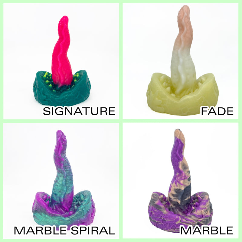 4 panels showing 4 different types of pour for Meenus: Signature (top left), Fade (top right), Marble Spiral (bottom left) and Marble (bottom right)