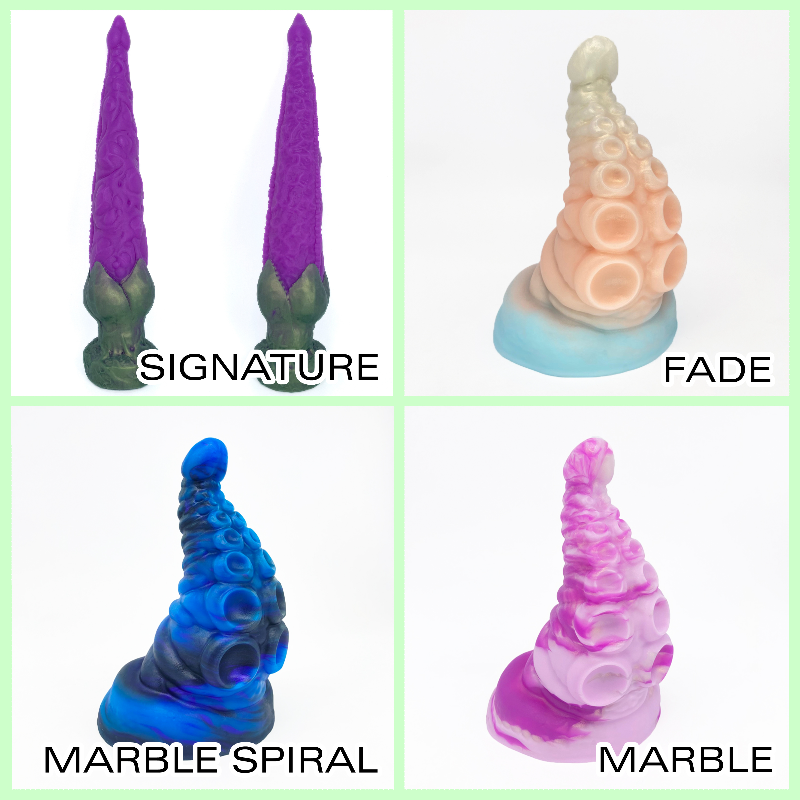 Four panel image of pour types available for Tendriss platinum silicone adult toy depth trainer. Top left signature pour, top right fade pour, bottom left marble spiral pour, bottom right marble pour