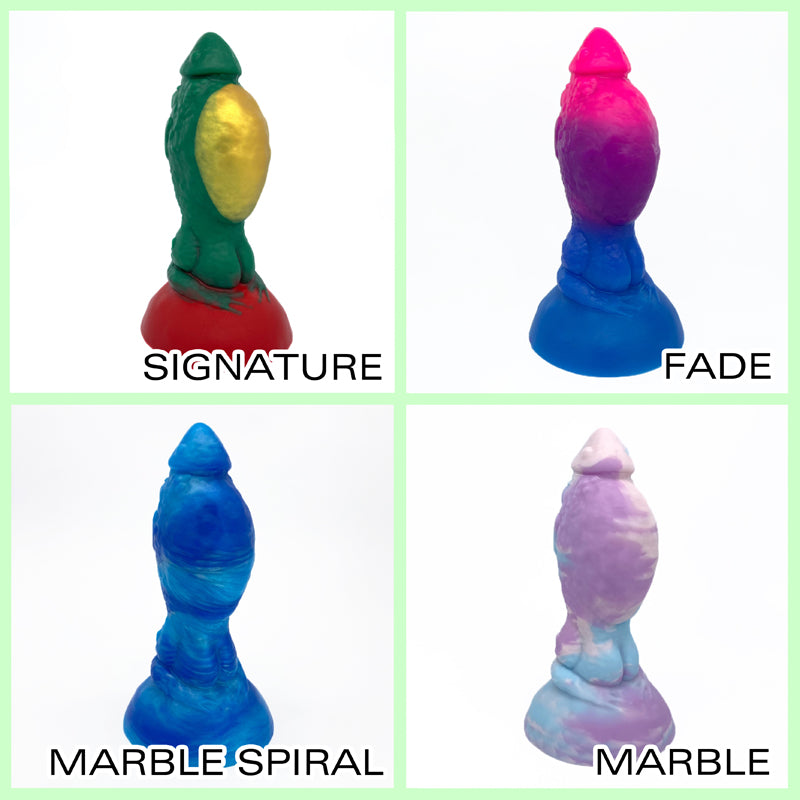 4 panels showing 4 different types of pour for Toady Stool: Signature (top left), Fade (top right), Marble Spiral (bottom left) and Marble (bottom right)