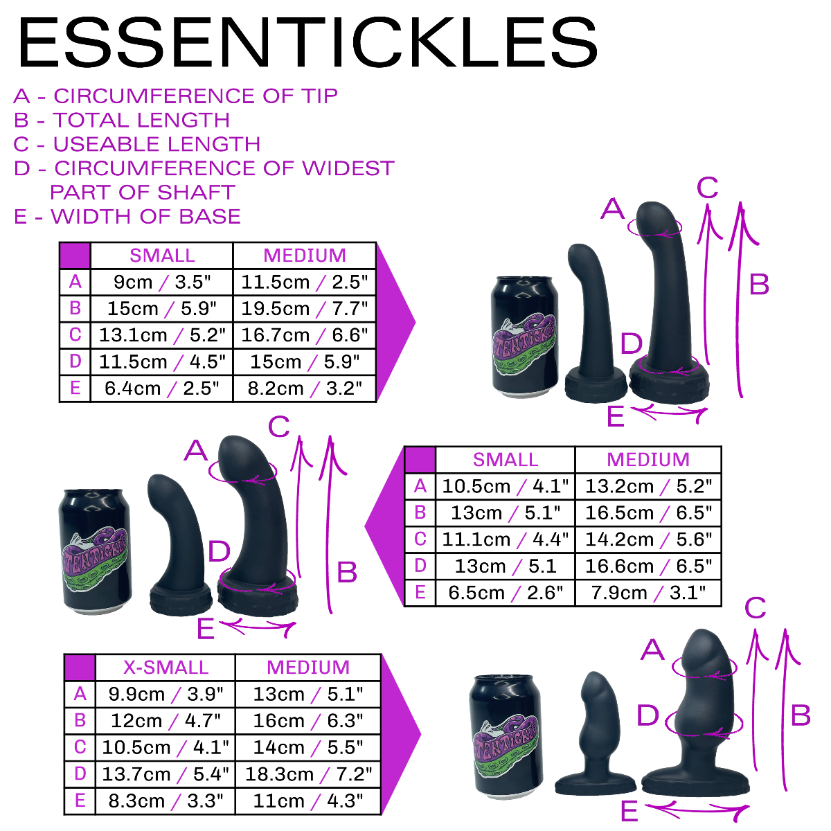 Measurement chart for Essentickles products with labeled dimensions and examples.