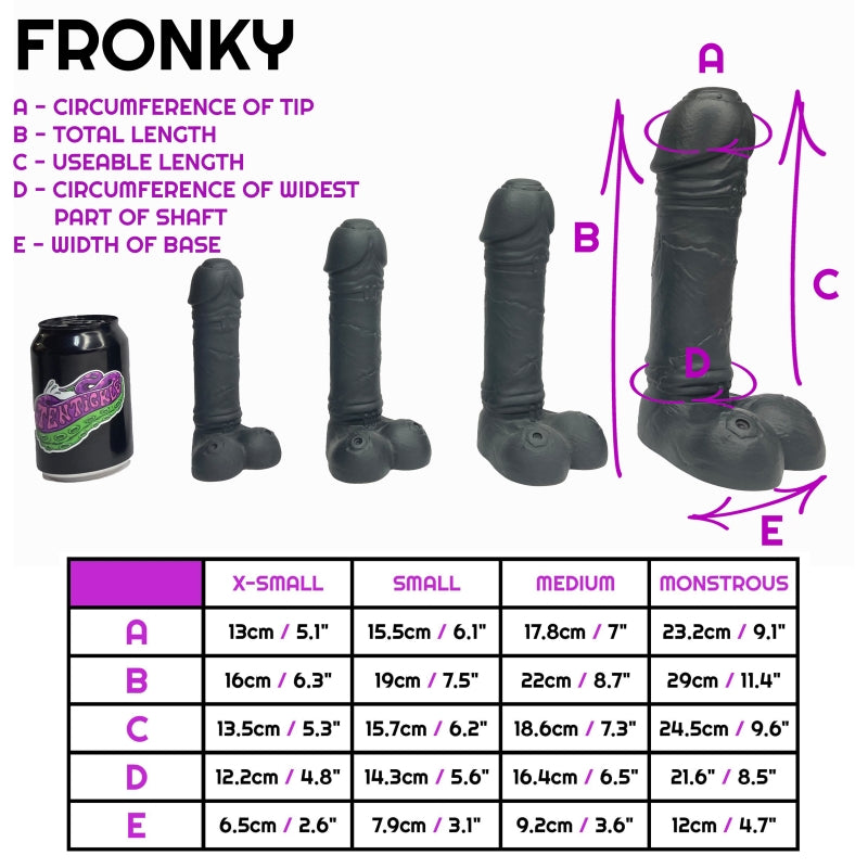 Size sheet for Fronky, showing 4 sizes relative to a standard drinks can. Below this is a table containing specific dimensions of each of the sizes