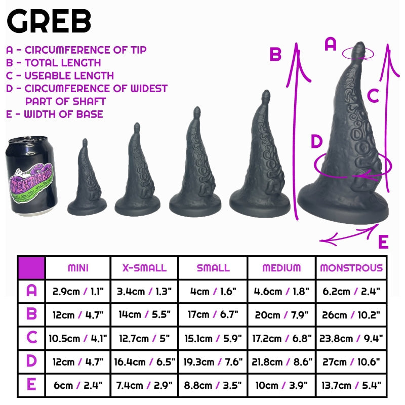 Size sheet for Greb, showing 5 sizes relative to a standard drinks can. Below this is a table containing specific dimensions of each of the sizes