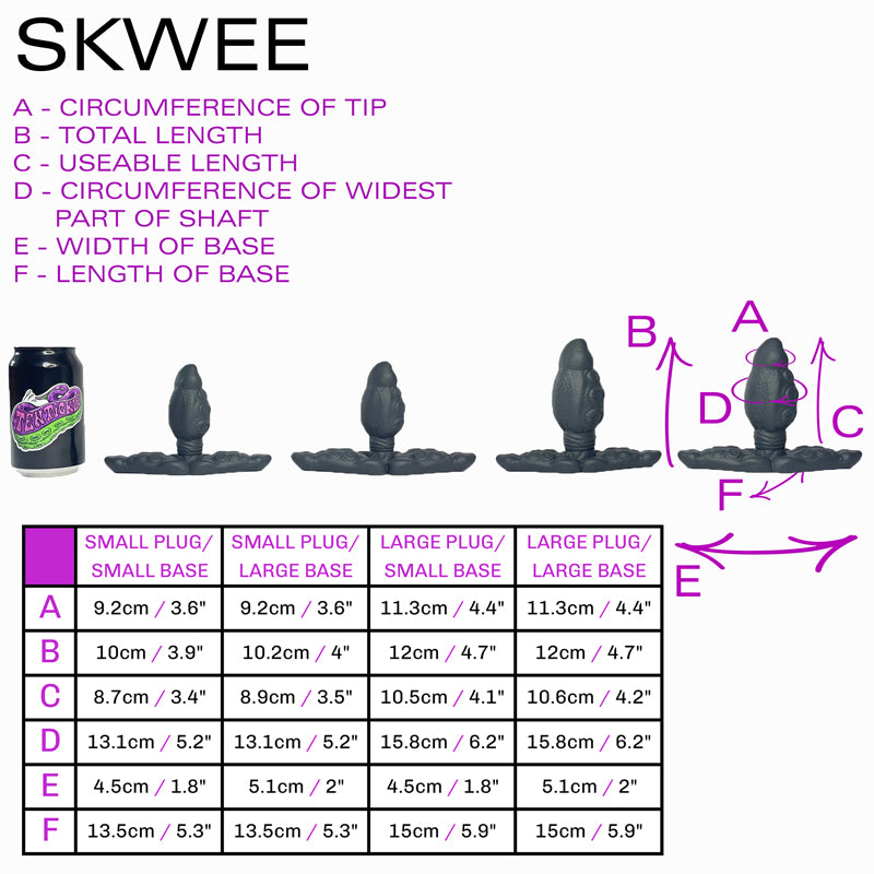 Size sheet for Skwee, showing 4 sizes relative to a standard drinks can. Below this is a table containing specific dimensions of each of the sizes