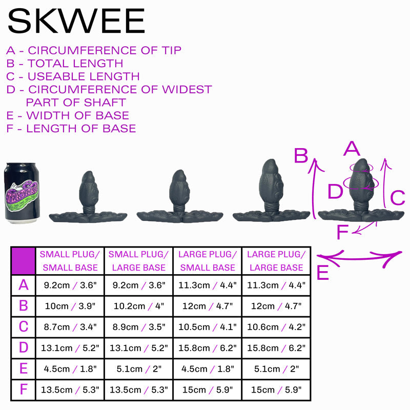 Size sheet for Skwee, showing 4 sizes relative to a standard drinks can. Below this is a table containing specific dimensions of each of the sizes