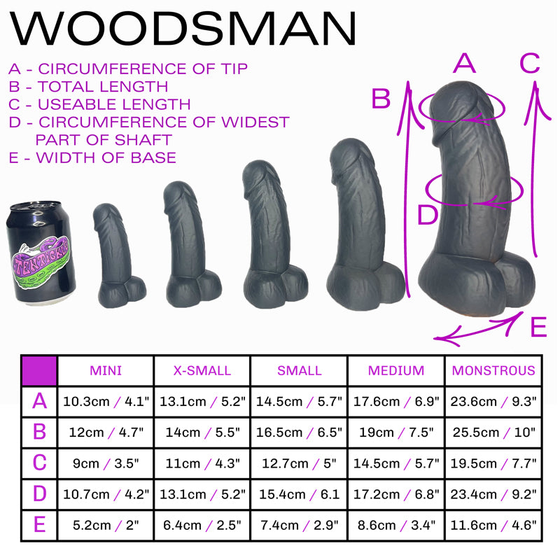 Size sheet for Woodsman, showing 5 sizes relative to a standard drinks can. Below this is a table containing specific dimensions of each of the sizes